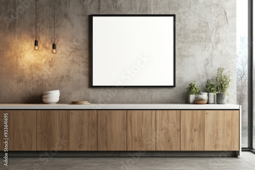 Kitchen interior with wooden cabinet and kitchenware mockup.