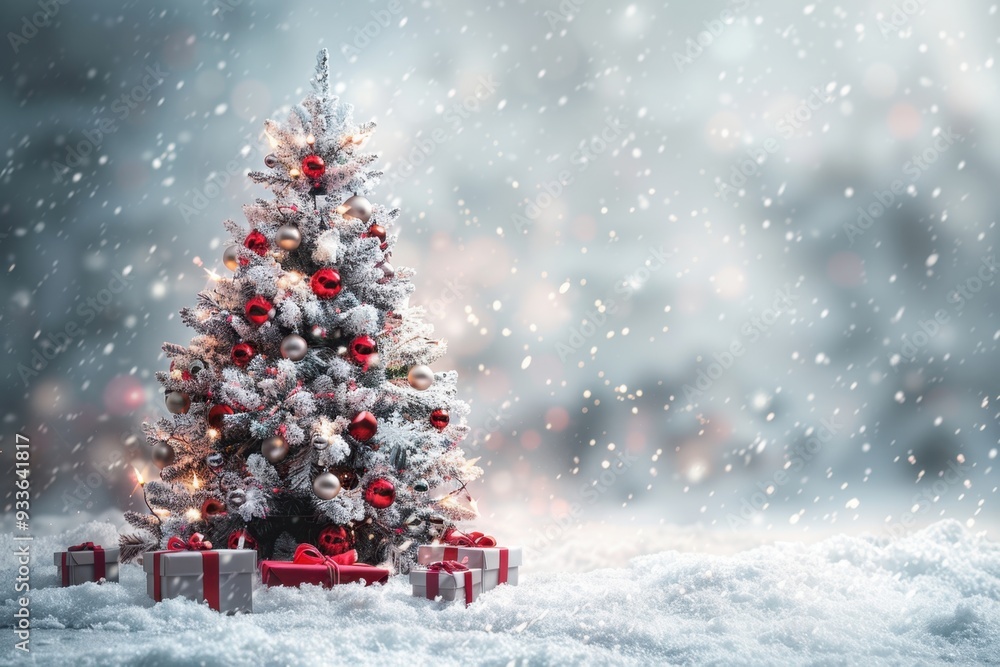 Wide-Angle View of Beautifully Decorated Christmas Tree with Gifts in Snow
Wide-Angle View of Beautifully Decorated Christmas Tree with Gifts in Snow
