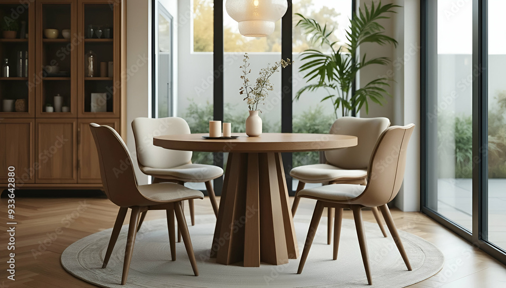 Fototapeta premium A round wooden dining table with chairs in a modern dining room with large windows