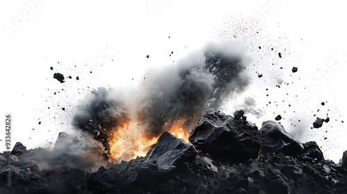 Epic Mining Explosion - Hyper-realistic Cinematic Scene with Rock Fragments and Dust on White Background photo