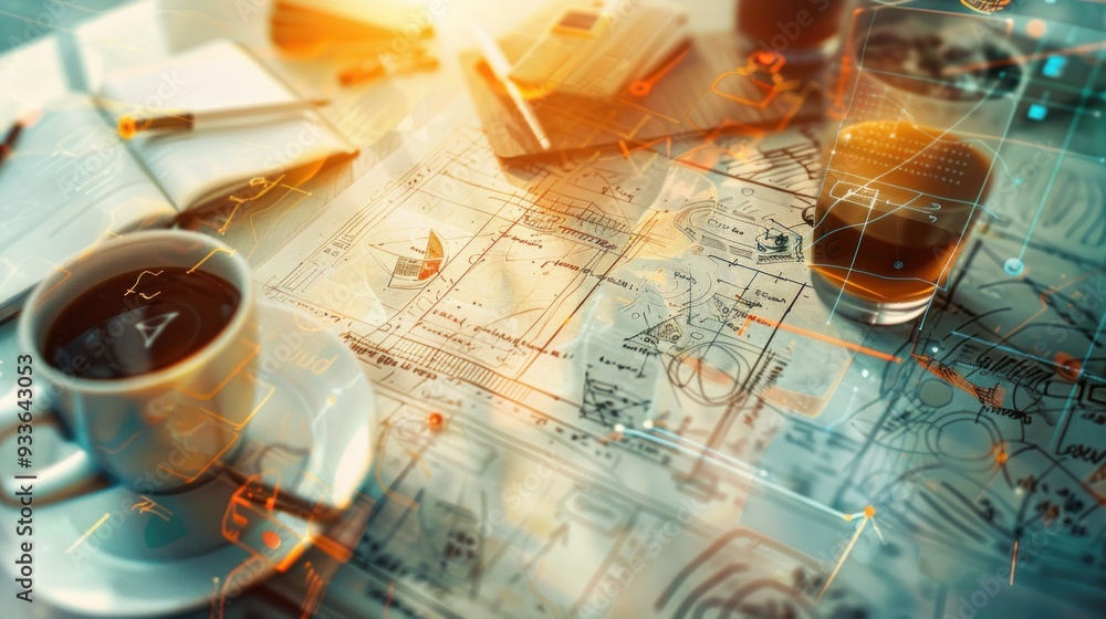 Fototapeta premium Double exposure of technology theme drawing and desktop with coffee and items on table background