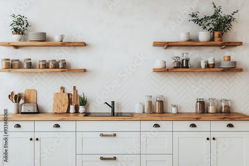 An interior photo of a wood-paneled kitchen with a cooking cabinet and a panoramic window