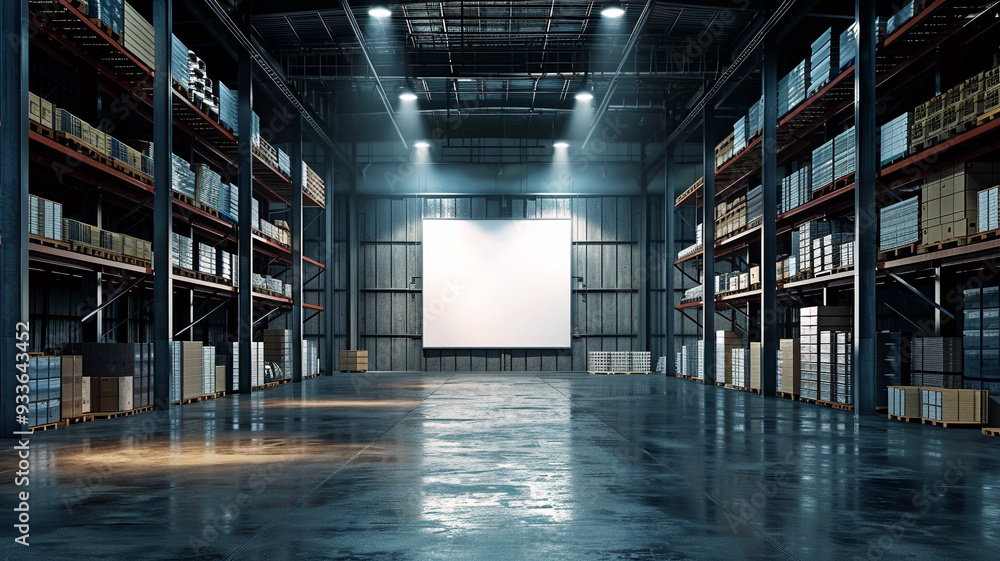 custom made wallpaper toronto digitalA spacious industrial warehouse with shelves and a blank projection screen in daylight