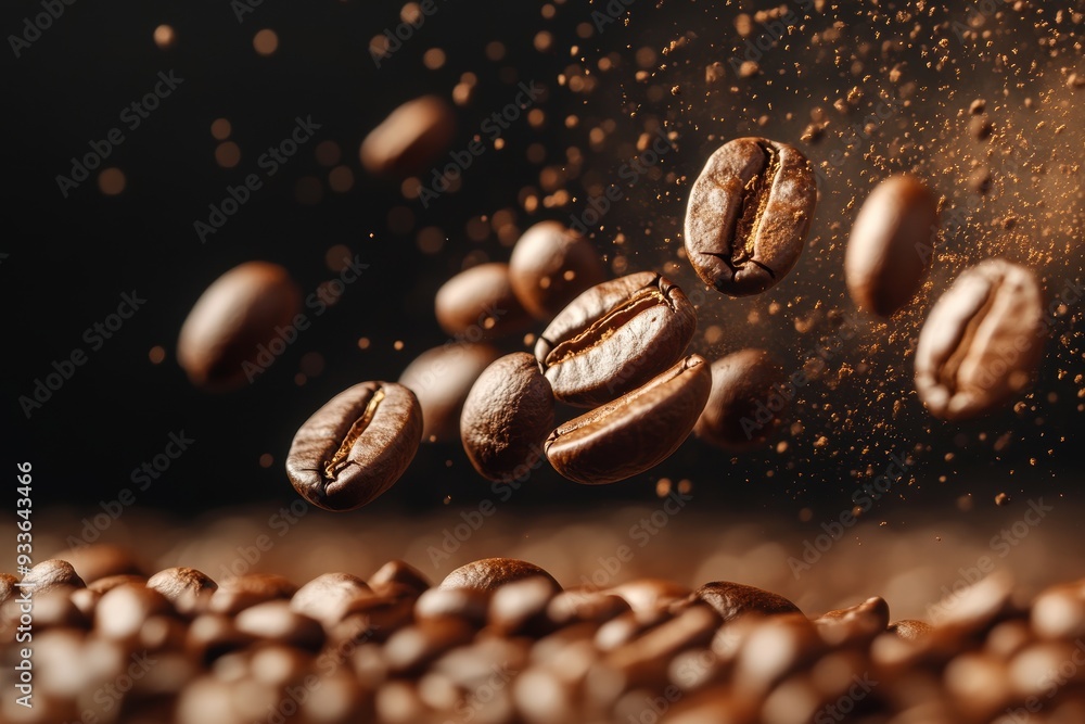 Close-up of roasted coffee beans suspended mid-air, showcasing their texture and freshness with particles of ground coffee in the background. Close-up of roasted coffee beans suspended mid-air, showcasing their texture and freshness with particles of ground coffee in the background.