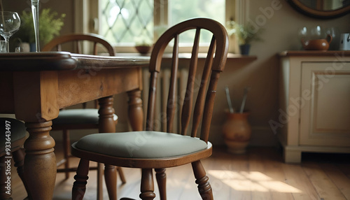 A vintage wooden dining chair with a padded seat and curved backrest in a rustic dining room