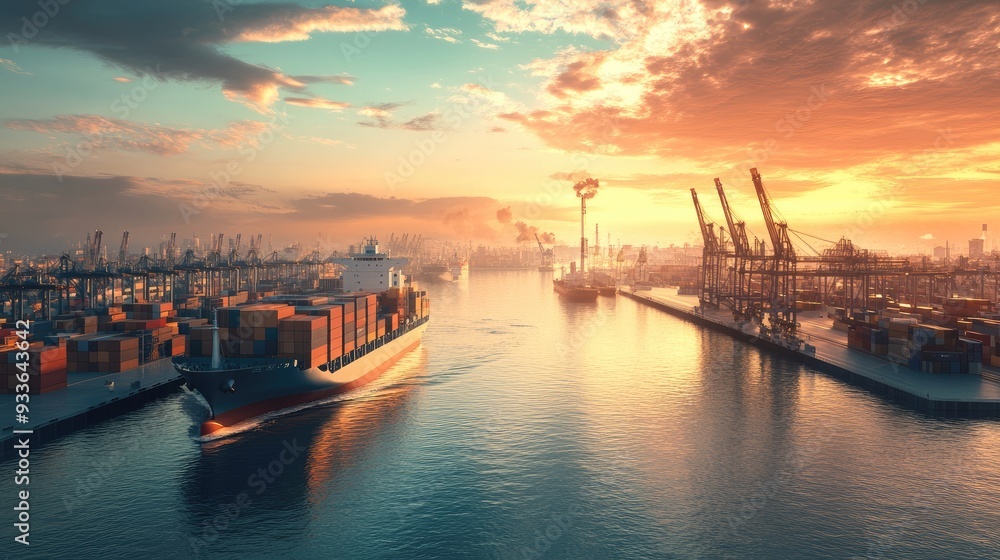 Container ship leaving port, distant view of industrial shipyard, 3D illustration Container ship leaving port, distant view of industrial shipyard, 3D illustration