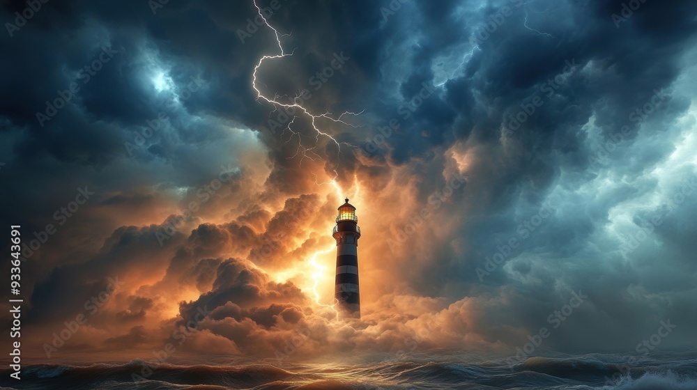 Fototapeta premium Dramatic Scene of Lightning Strikes Near Lighthouse During Stormy Weather