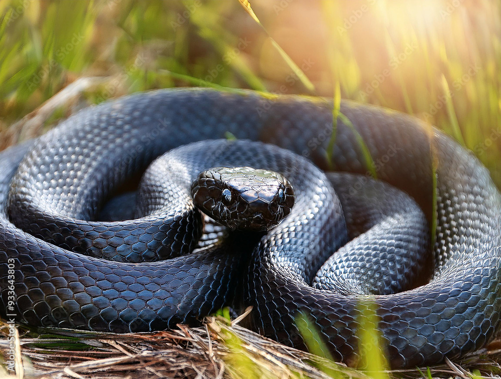 Fototapeta premium Close-up with a black viper on the ground in the grass