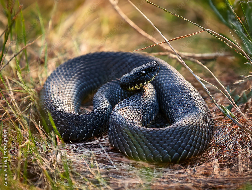 Close-up with a black viper on the ground in the grass Close-up with a black viper on the ground in the grass