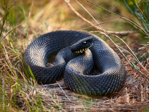 Close-up with a black viper on the ground in the grass photo