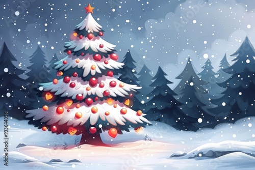 This cheerful cartoon illustration features a festive Christmas tree decorated with red and silver ornaments in a snowy setting, designed with bold lines and bright colors, perfect for a younger audie