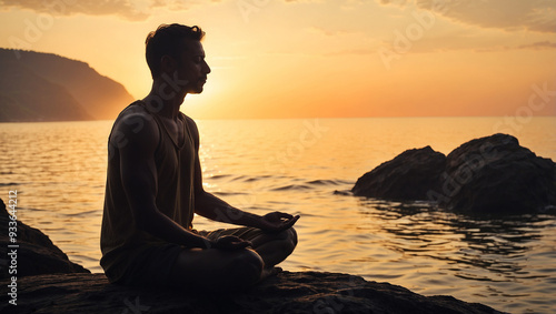 Man meditating on a cliff at sunrise