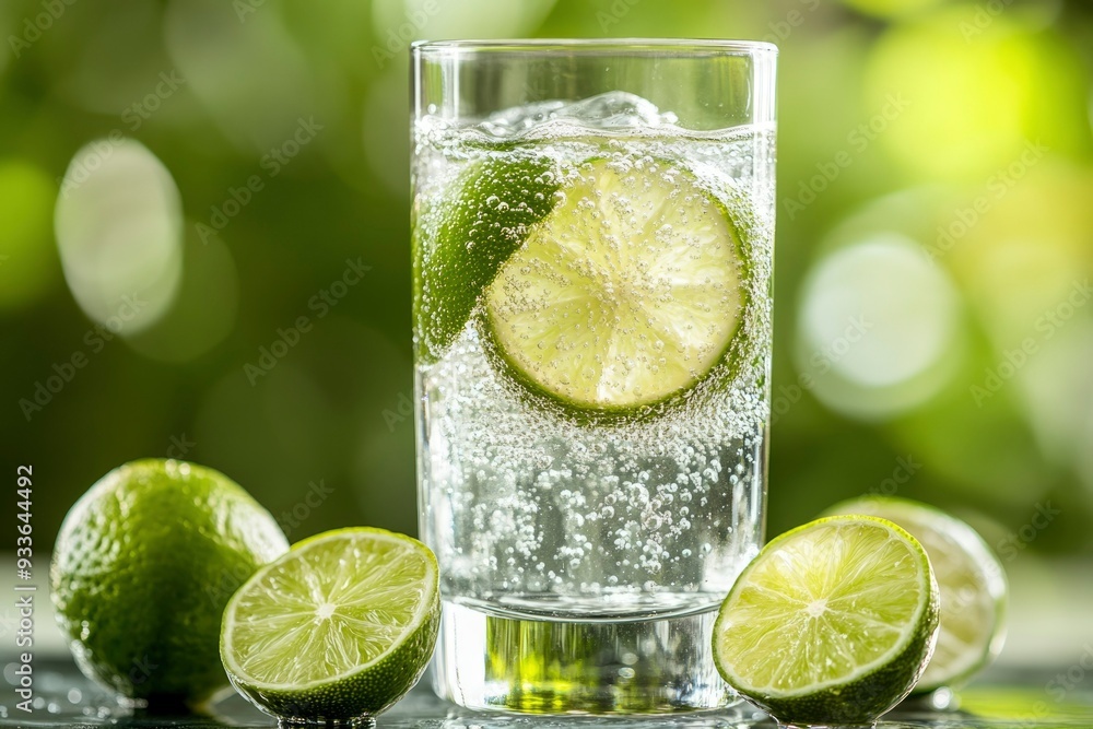 Glass of Sparkling Water with Limes on a Table Glass of Sparkling Water with Limes on a Table