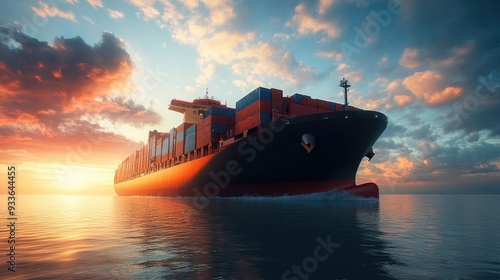 Large container ship in open water approaching the shipyard, 3D illustration