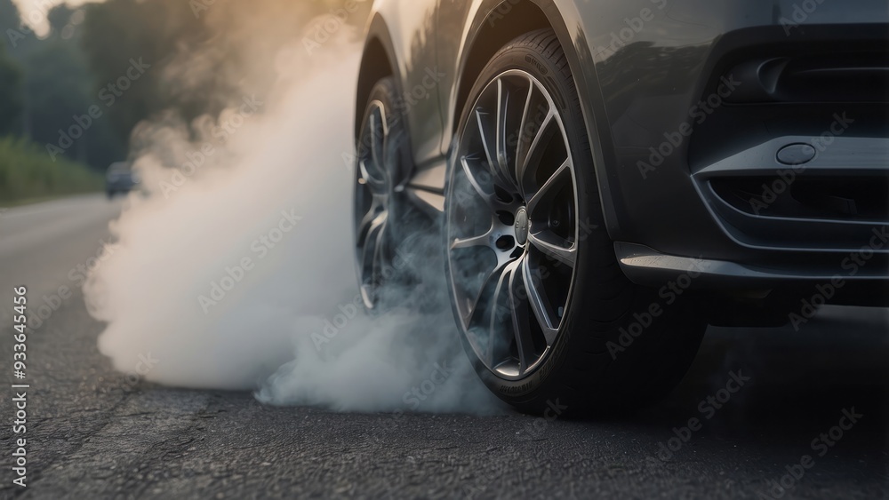Close-up of a car wheel spinning, generating smoke on asphalt Close-up of a car wheel spinning, generating smoke on asphalt
