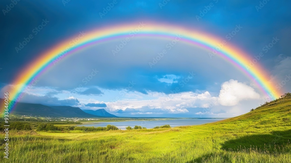 A bright rainbow arching over a calm landscape after a storm A bright rainbow arching over a calm landscape after a storm