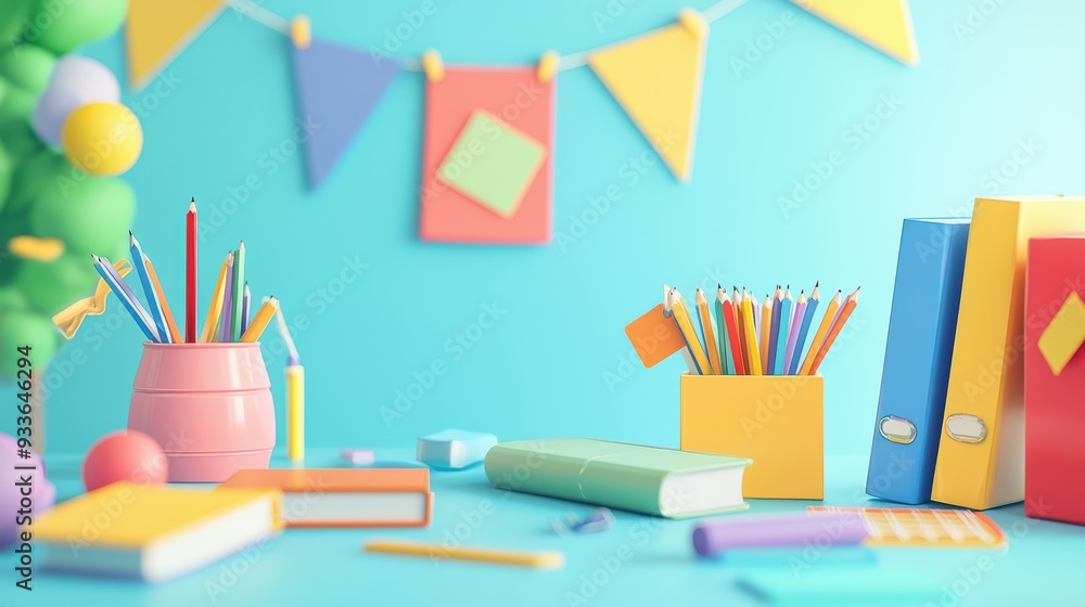 Obraz premium Colorful stationery items create cheerful workspace, featuring vibrant pens, notebooks, and decorative elements. scene evokes creativity and inspiration.