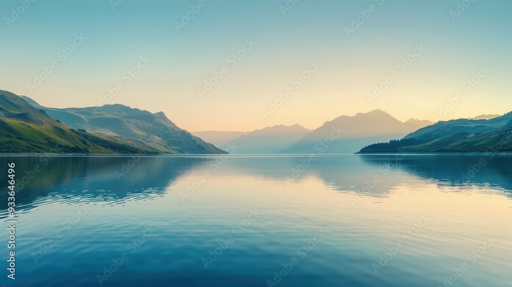 Serene Lake View: A calm lake surrounded by mountains during sunrise. Serene Lake View: A calm lake surrounded by mountains during sunrise.