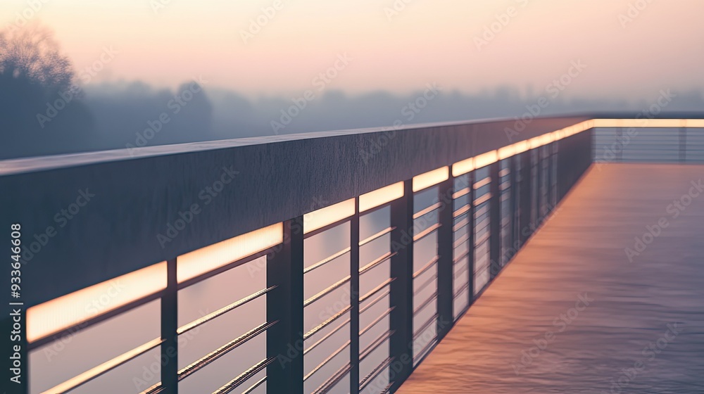 Fototapeta premium Detail of a minimalist metal railing on a bridge, featuring integrated lighting against a soft, neutral background