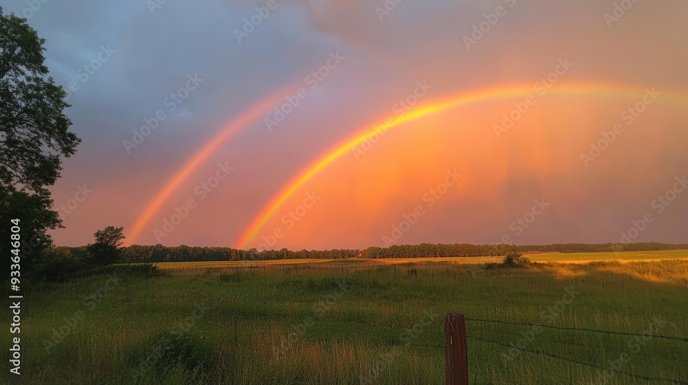 Tranquil Rural Landscape with Rainbow after Thunderstorm Tranquil Rural Landscape with Rainbow after Thunderstorm