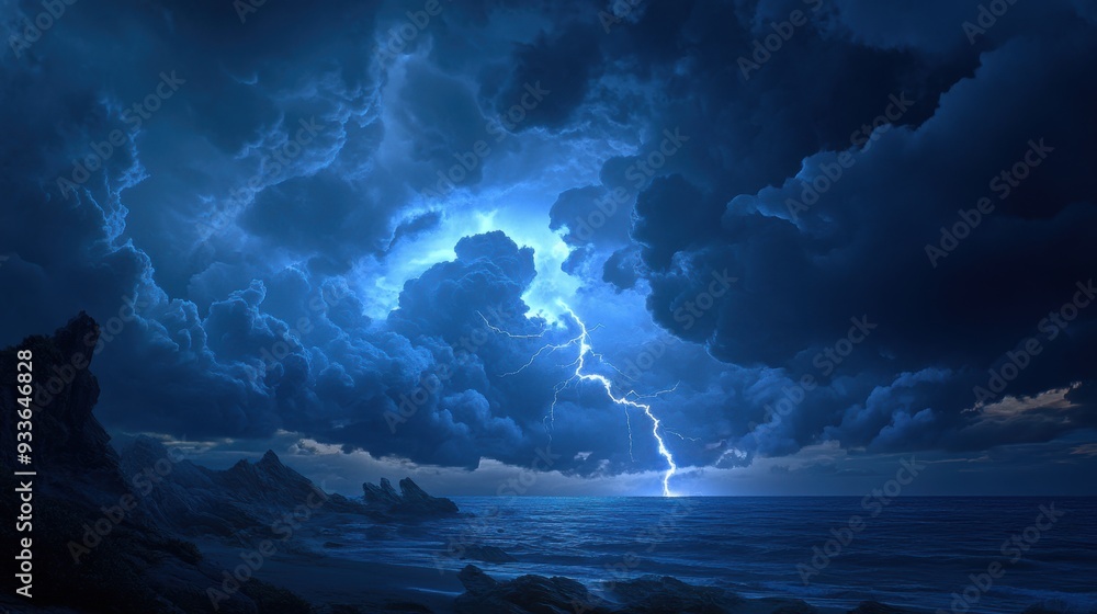 Fototapeta premium Dramatic Storm Clouds with Bright Lightning Bolt Striking Ground in Impending Thunderstorm