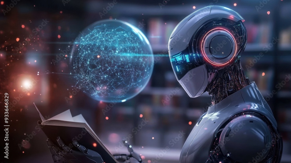 AI robots and humans in a futuristic library, where AI robots assist with research and provide digital book recommendations