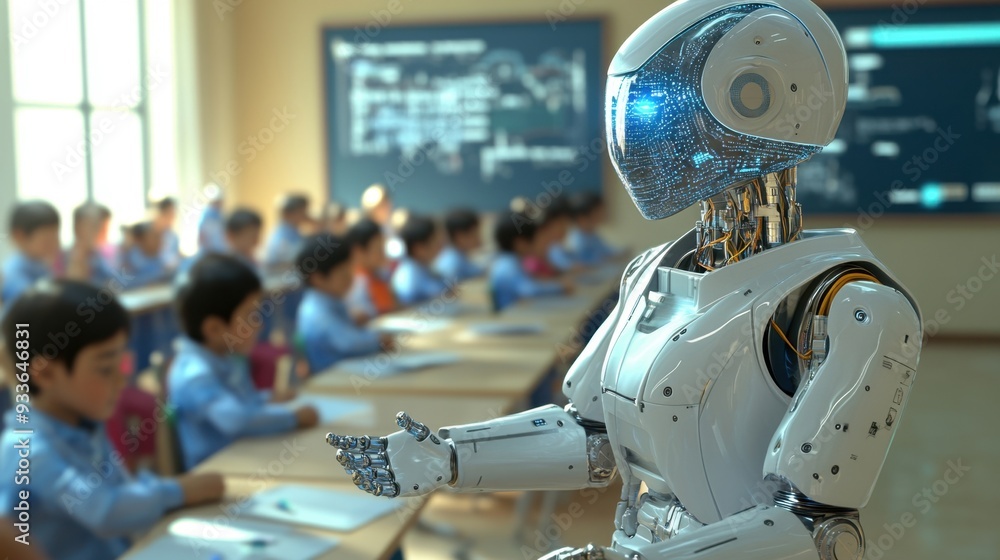 Fototapeta premium AI robots teaching a classroom of human children, with advanced technology seamlessly integrated into the environment