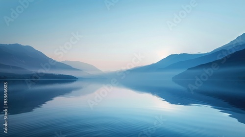 Serene Lake View: A calm lake surrounded by mountains during sunrise.