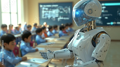 AI robots teaching a classroom of human children, with advanced technology seamlessly integrated into the environment