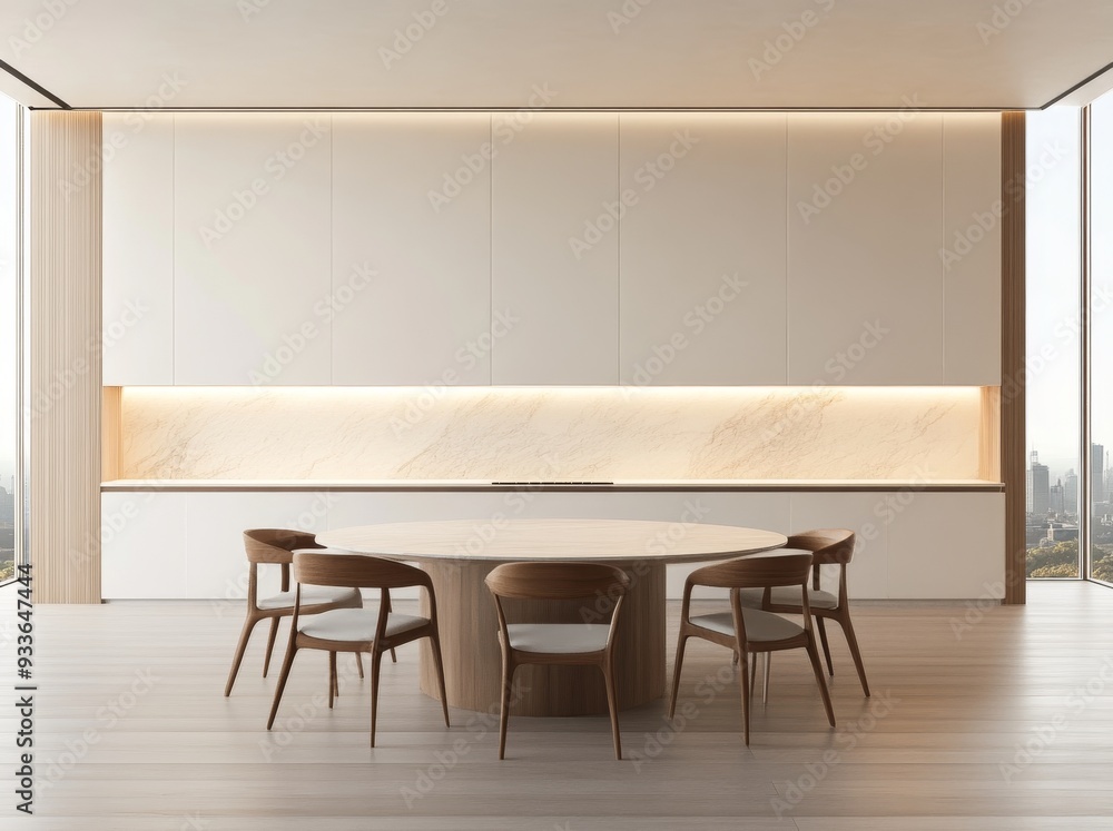The interior of a stylish home kitchen with dining and cooking areas, and a mock-up wall The interior of a stylish home kitchen with dining and cooking areas, and a mock-up wall