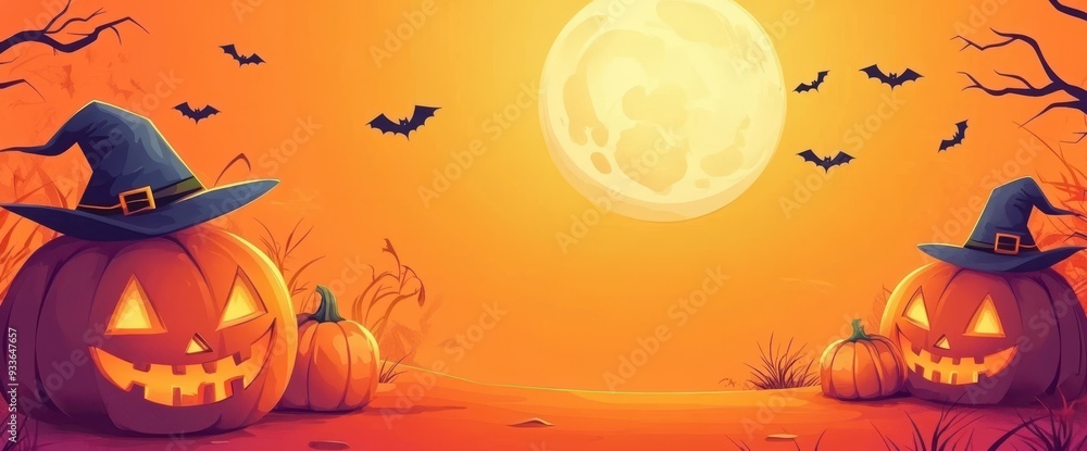 Halloween background with pumpkins, witch hat and full moon illustration. Halloween background with pumpkins, witch hat and full moon illustration.
