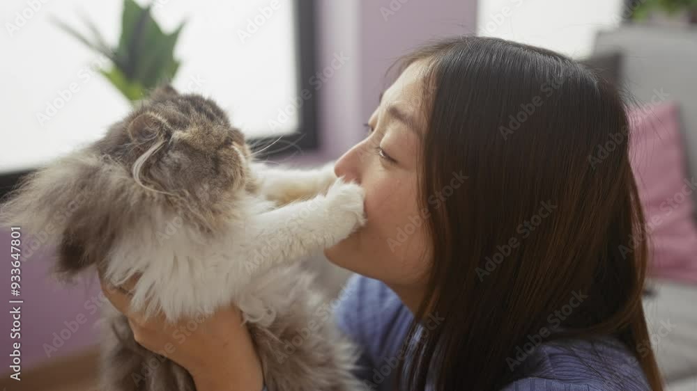 A young asian woman lovingly plays with her fluffy cat in a cozy indoor living room, showcasing the affectionate bond between pet and owner in a comfortable home setting. A young asian woman lovingly plays with her fluffy cat in a cozy indoor living room, showcasing the affectionate bond between pet and owner in a comfortable home setting.
