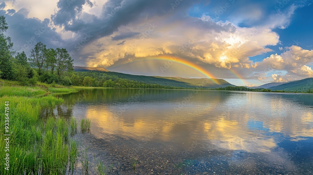 Fototapeta premium Serene Lake Landscape with Vibrant Rainbow After Storm