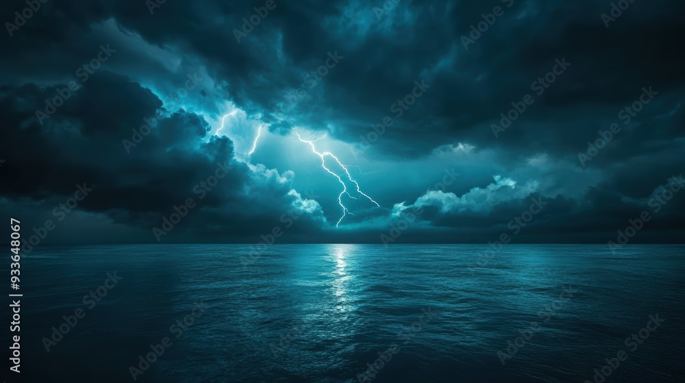 Dramatic Lightning Strike Over Serene Ocean During Storm. Dramatic Lightning Strike Over Serene Ocean During Storm.