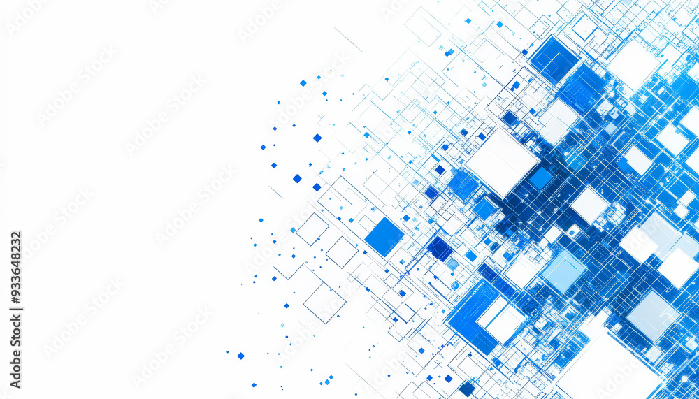Fototapeta premium Abstract digital illustration featuring a network of interconnected blue squares and lines on a white background, evoking a futuristic and technological theme.