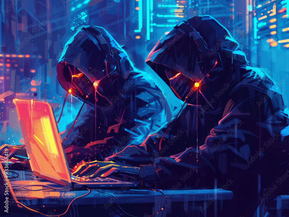 Hackers Working on Laptops on background of dark blue panel of abstract information digital communication. Elusive professional computer hackers during a break-in. A collective image. Hackers Working on Laptops on background of dark blue panel of abstract information digital communication. Elusive professional computer hackers during a break-in. A collective image.