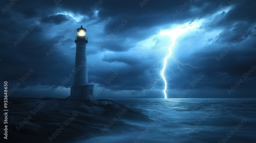 Stormy Drama: Lightning Strike Close to Lighthouse in Thunderstorm Stormy Drama: Lightning Strike Close to Lighthouse in Thunderstorm