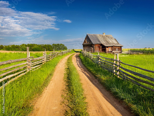 Landscape with a dirt road between wooden fences leading to an old wooden house in a field with green grass