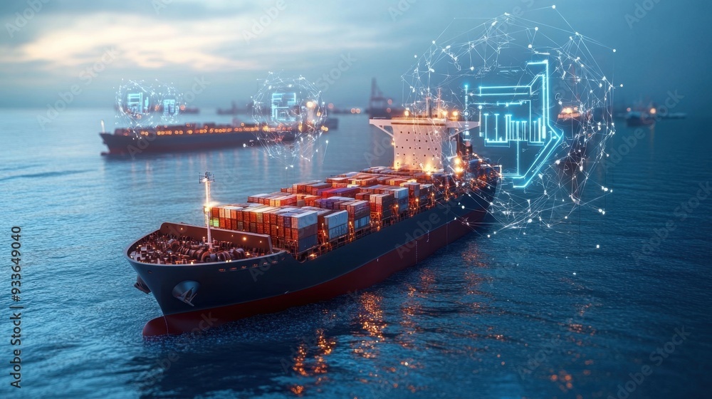 Fototapeta premium Robots managing an autonomous fleet of cargo ships, ensuring efficient transportation and logistics across the seas