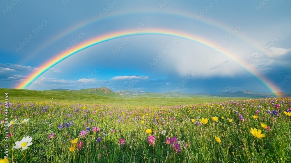 Naklejka premium Majestic Rainbow Arching Over Vibrant Wildflowers in Fresh Rain-Kissed Field