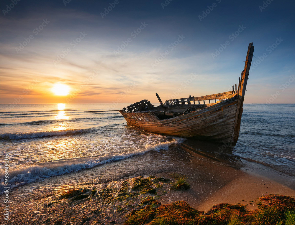 Landscape with an old shipwrecked wooden boat on the seashore, sunset Landscape with an old shipwrecked wooden boat on the seashore, sunset