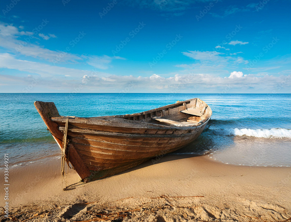 Landscape with an old wooden boat on the seashore, on an exotic island with turquoise water and blue sky Landscape with an old wooden boat on the seashore, on an exotic island with turquoise water and blue sky