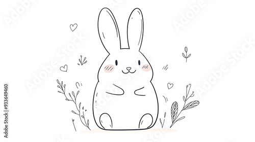 Chubby Bunny Doodle Vector Logo in Minimalist Black and White - Adorable Cartoon Style Illustration on Clean Background