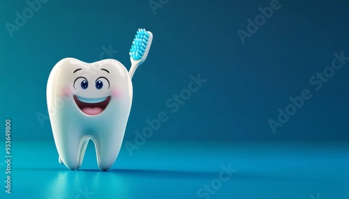 Cheerful White Tooth and Blue Toothbrush: Dental Health Concept for Marketing. Playful Cartoon Characters on Elegant Blue Background. Minimalist Design for Dental Clinics, Web UI, and High-Resolution 