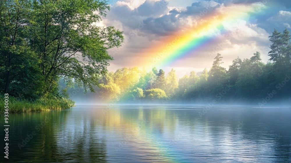 Serene Rainbow over Tranquil River - Nature's Spectacular Display Serene Rainbow over Tranquil River - Nature's Spectacular Display