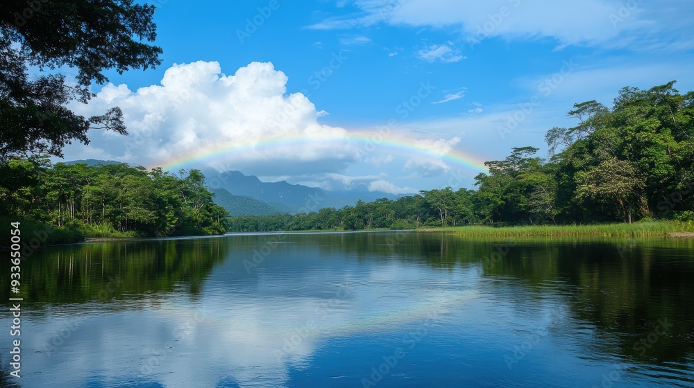 Serenity of Nature: Rainbow Over Calm River Post Rainfall Serenity of Nature: Rainbow Over Calm River Post Rainfall