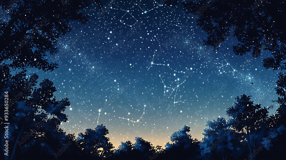 Fototapeta premium Celestial Woodcut - Starry Night Sky with Constellations on White Background