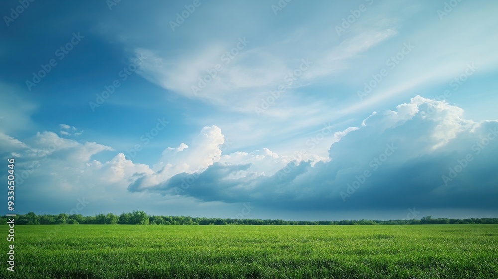 A serene landscape featuring lush green grass under a vast sky filled with fluffy clouds and gentle sunlight. A serene landscape featuring lush green grass under a vast sky filled with fluffy clouds and gentle sunlight.