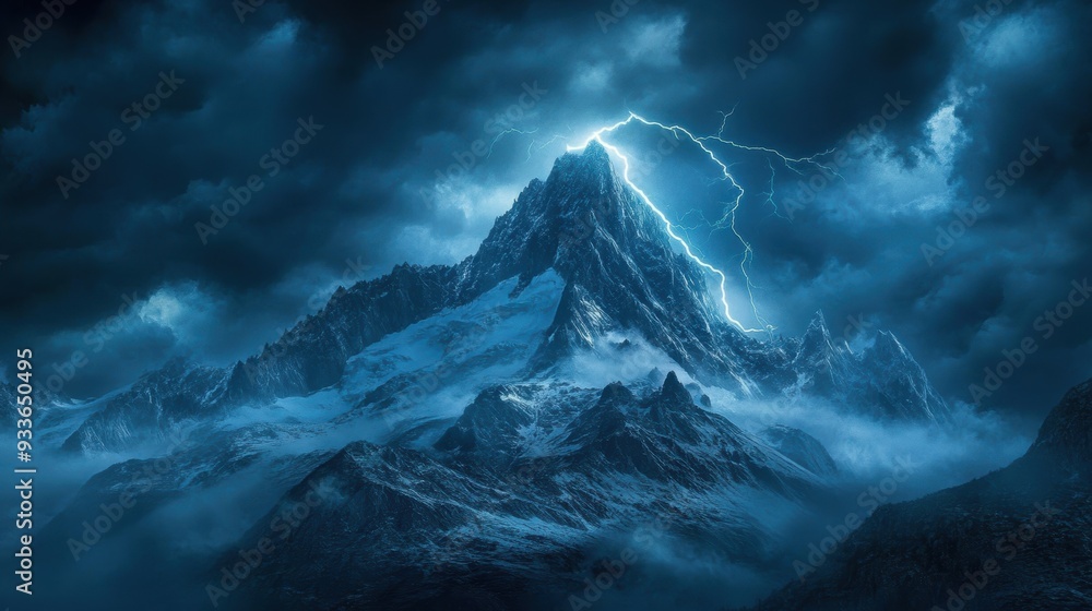 Majestic Lightning Strike near Mountain Peak in Intense Storm Majestic Lightning Strike near Mountain Peak in Intense Storm
