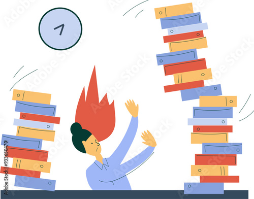  business woman working in an office is experiencing severe emotional stress. The concept of deadline, emotional burnout, fatigue, mental overstrain during work. Vector illustration.